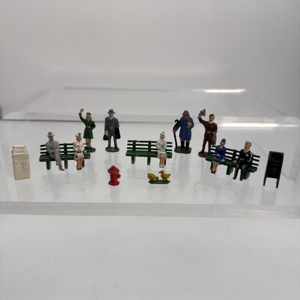 16 Barclay Manoil Painted Lead Traveler Figurines, Benches, Mailbox, Trash, Duck